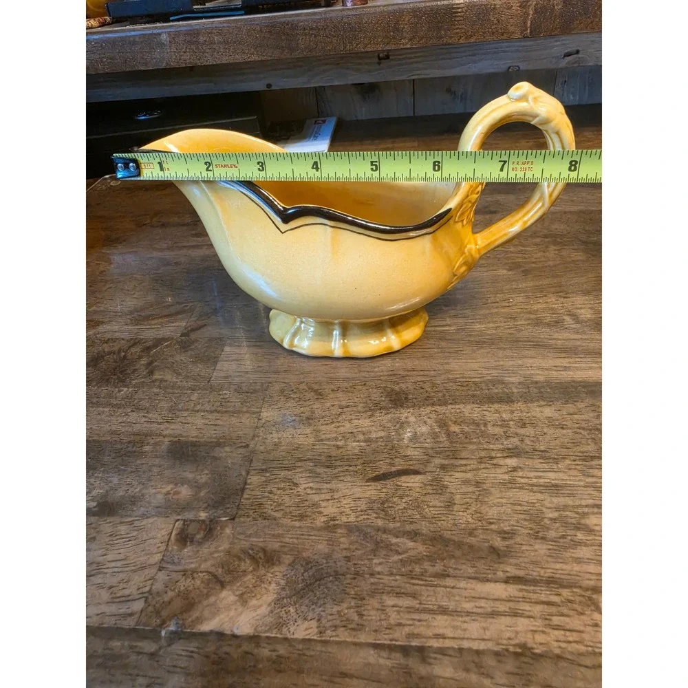 Vintage Yellow Ceramic Gravy Boat with Brown Scalloped Rim Pedestal Base 32